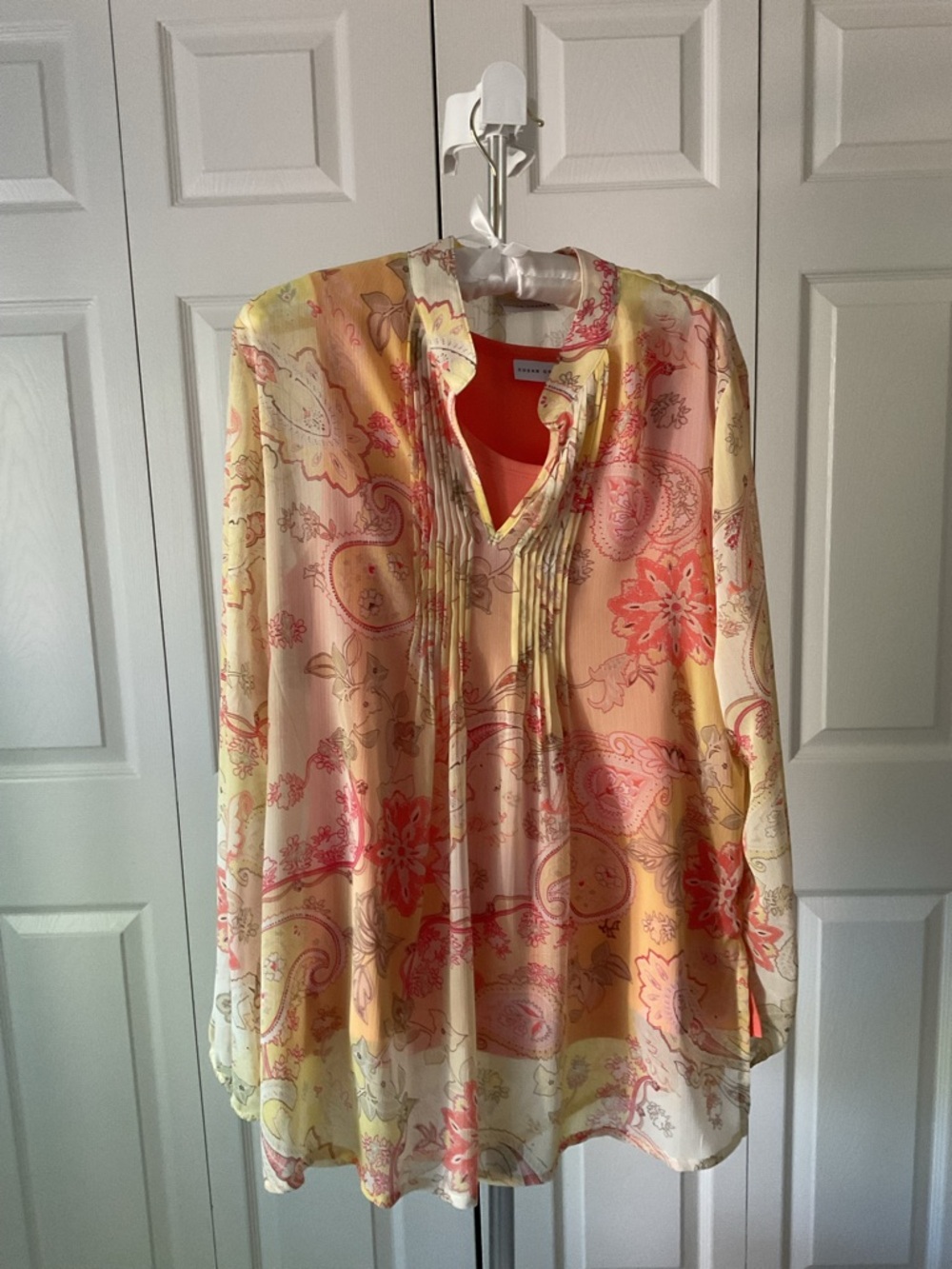 Susan Graver Floral Paisley V-Neck Blouse in Coral & Yellow